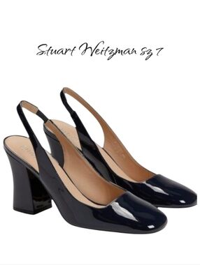 New Stuart Weitzman Curveblock 85 Slingback Pump Black Patent Size 7